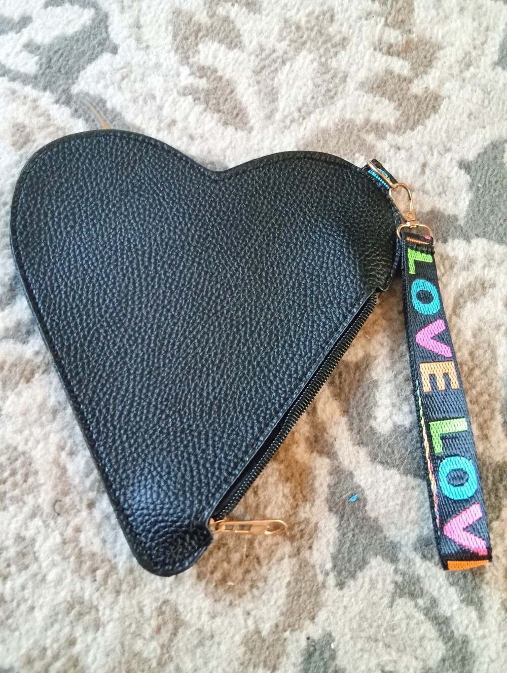 Black Heart-Shaped Wristlet Clutch with Colorful 'LOVE' Strap